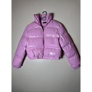 Pretty little thing women's pink puffer coat. Size 6.   High shine vinyl coat